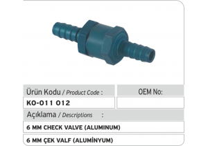 6 MM Çek Valf (Aluminyum)